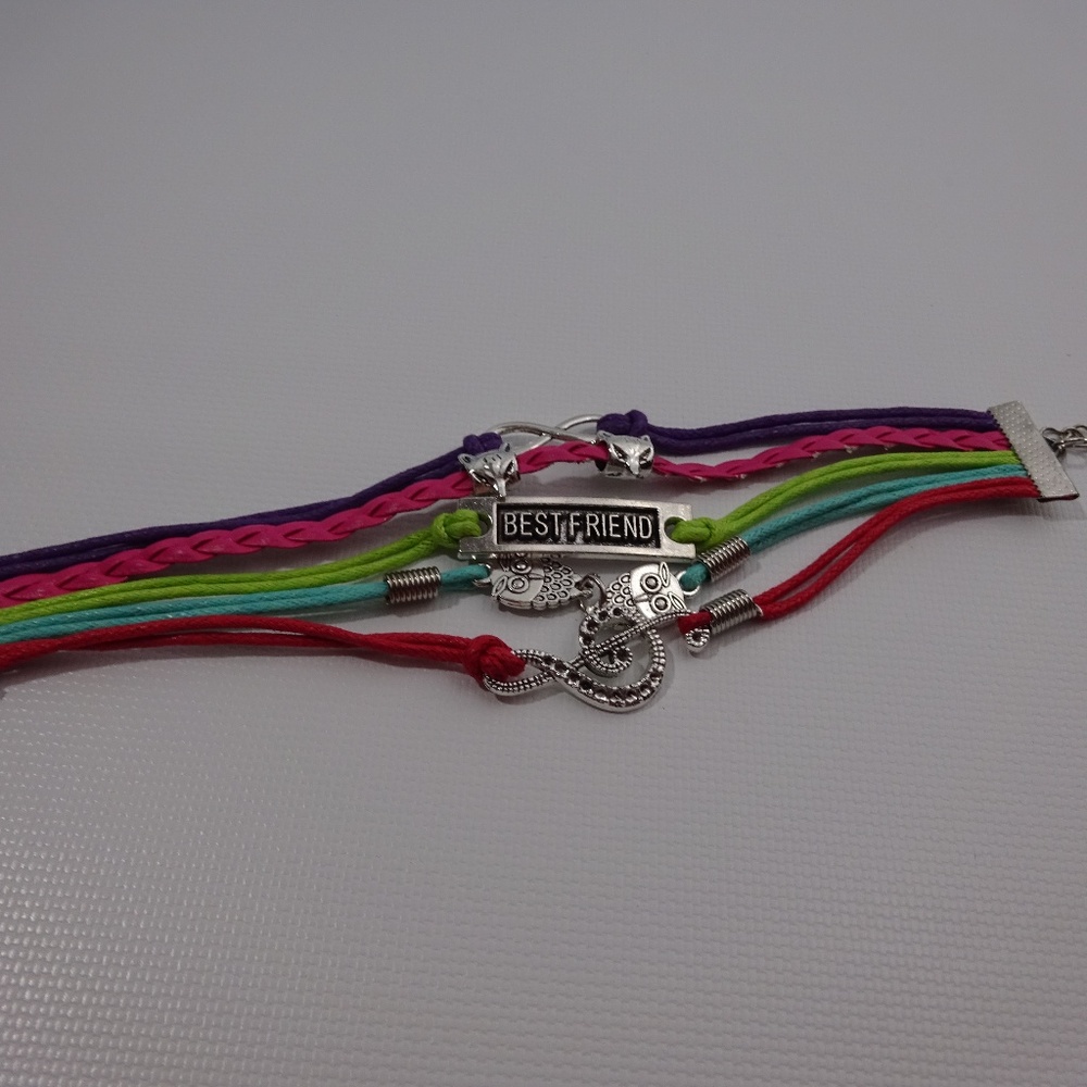 Owl Note Wing Leather Charm Bracelet Silver Plated - Picture 2 of 4
